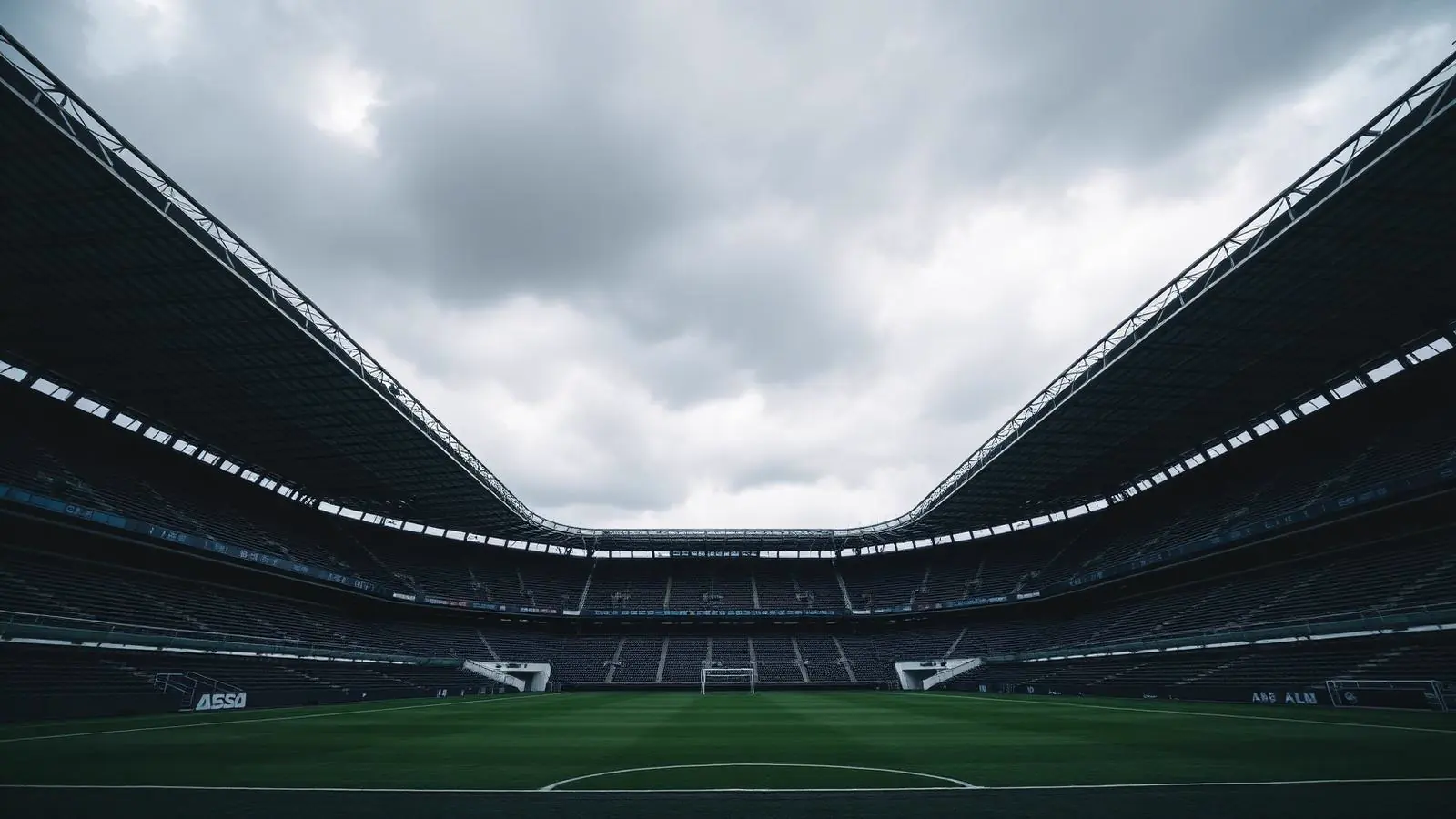 Tribunes van een klassiek voetbalstadion gezien vanaf het veld